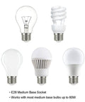 Various bulb types compatible with Lit Brushed Nickel USB Desk Lamp with white fabric shade for home and office.