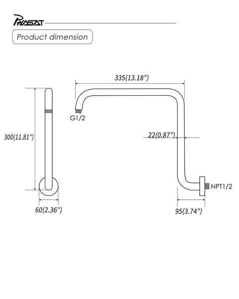 Diagram of Shaped S Shower Arm With Flange Chrome High Rise Extension For Rain Shower Heads, 16.65 Inch Length, dimensions labeled