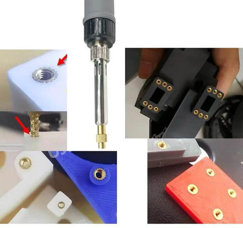 Heat Set Brass Threaded Inserts Kit For 3D Printing, Knurled Female Nuts M2 Through M6 With Heat Set Tips installed in plastic parts