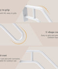 Top Shelf White Handrails For Outdoor Steps Wall Mount And Stair Rails For One To Three Levels With Anti Slip Grip And Heavy Duty Powder Coating For Patios Yards And Balconies showing easy grip design and U-shape curve.