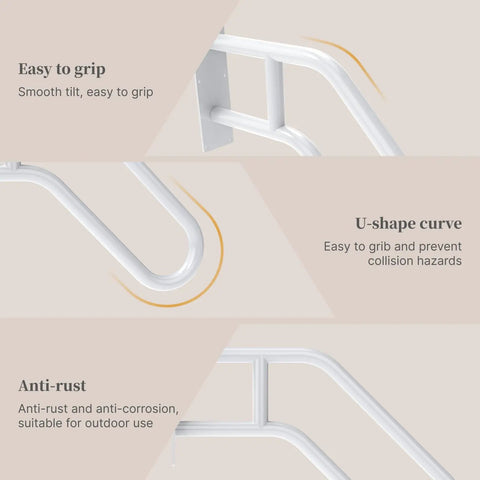 Top Shelf White Handrails For Outdoor Steps Wall Mount And Stair Rails For One To Three Levels With Anti Slip Grip And Heavy Duty Powder Coating For Patios Yards And Balconies showing easy grip design and U-shape curve.