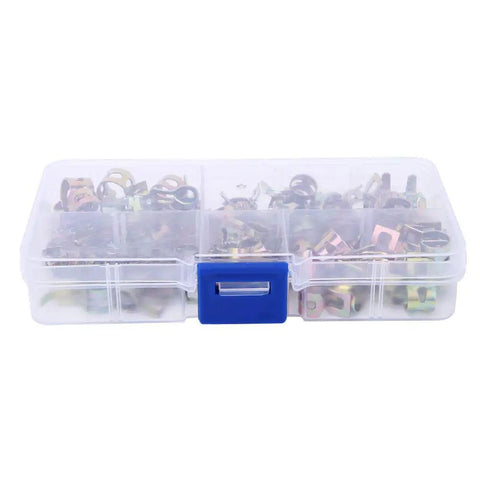 Clear box with 75 Piece Spring Hose Clamp Kit With Zinc Plated Steel For Quick Fixes And Secure Pipes Hoses Glass Acrylic Filter Buckets