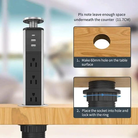 Smooth Setup Pop Up Countertop Outlet With 1.8 Meter Extension Cord US Type Plug Built In Safety Shutters close up of installation steps.