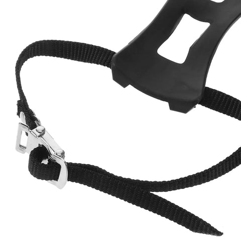 Close-up of black 2 Pack Toe Clip Pedals with straps for road and commuter bikes, adjustable foot cages, durable nylon straps