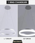 Sleek Modern LED Chandelier Round Pendant Light 19.7 Inch Dimmable Ceiling Light with Height Adjustable Design, off and on.
