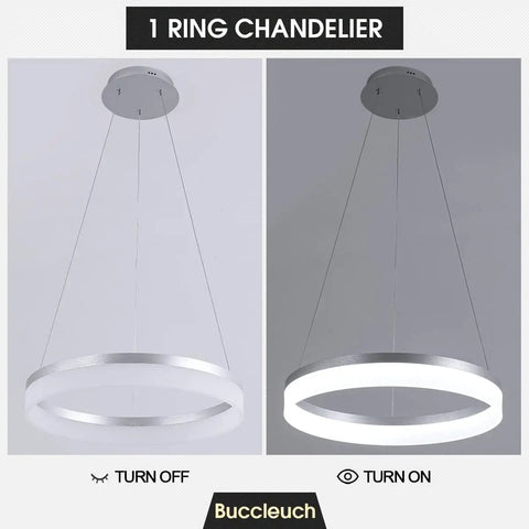 Sleek Modern LED Chandelier Round Pendant Light 19.7 Inch Dimmable Ceiling Light with Height Adjustable Design, off and on.