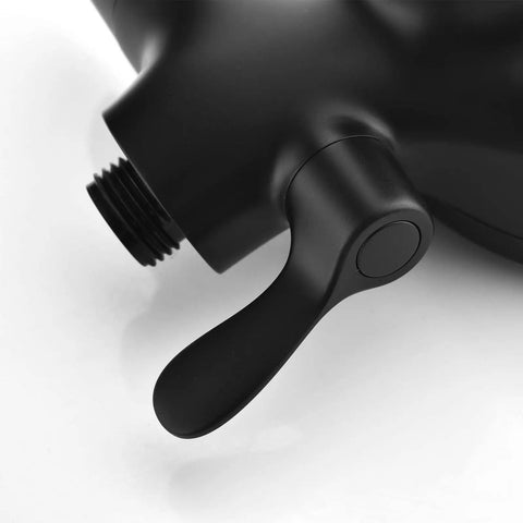 Close-up of valve handle from All In One Matte Black Shower Faucet Set With Rainfall Head, Pressure Balance Valve, Rough In Trim Kit