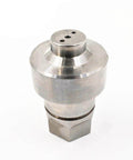 Front view of a silver metal sealing head body for a water jet cutter; cylindrical top with holes and hexagonal base.
