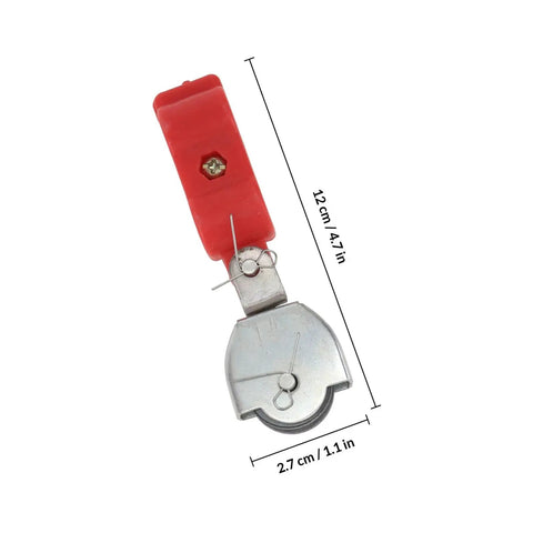 Built Like A Tank 5 Piece Steel Wire Rope Pulleys With Plastic Sheaves Heavy Duty Hoisting Block identified with red plastic handle and steel wheel.