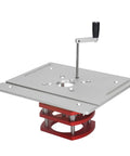 Slick Manual Router Lift System With Easy Twist Crank Handle For Precise 51mm Height Tweaks Built Tough With Rugged Stainless Steel and Heavy Duty Aluminum Alloy.