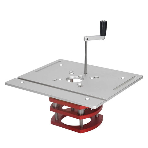 Slick Manual Router Lift System With Easy Twist Crank Handle For Precise 51mm Height Tweaks Built Tough With Rugged Stainless Steel and Heavy Duty Aluminum Alloy.