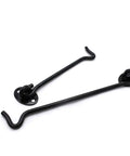 Hook and Eye Latch for Gate Cabin Cabinet Door Window with Mounting Screws, black stainless steel latch with curved hook.