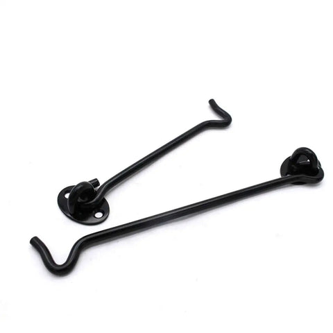 Hook and Eye Latch for Gate Cabin Cabinet Door Window with Mounting Screws, black stainless steel latch with curved hook.