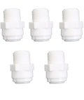Front view of five white YZM tube quick-connect fittings, 3/8" male x 3/8" OD tube for water purifiers/RO systems
