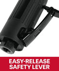 Close-up of the easy-release safety lever on the badass quarter inch pneumatic angled die grinder for secure operation.