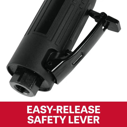 Close-up of the easy-release safety lever on the badass quarter inch pneumatic angled die grinder for secure operation.