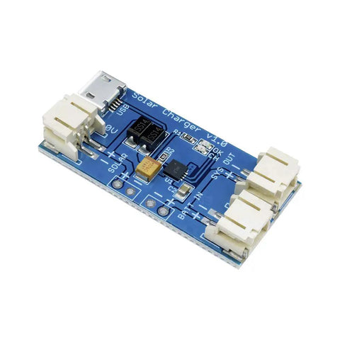 Hella Compact Two Pack Mini Solar Lipo Charger Board Featuring Cn3065 Lithium Battery Management Chip With Micro Usb Hookup, top view of circuit board.