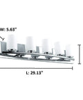 Five Light Chrome Bathroom Vanity Light Fixture For A Dope, Bright Bath Makeover, 29 inch long, with dimensions shown