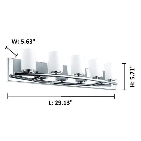 Five Light Chrome Bathroom Vanity Light Fixture For A Dope, Bright Bath Makeover, 29 inch long, with dimensions shown