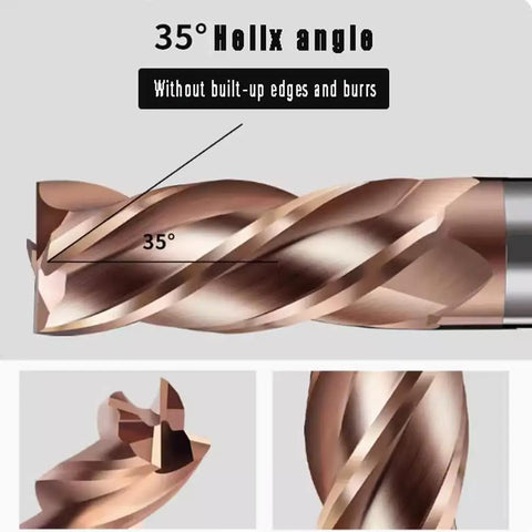 Close-up of Beefy 5 Pack HRC55 Carbide Square End Mills with 5 sixteenth inch shank, showing 35° helix and cutting flutes.