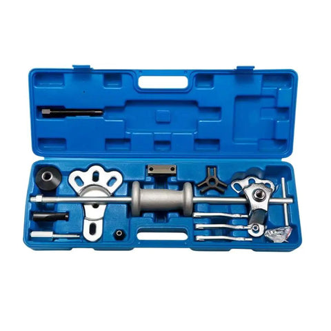Universal Auto Bearing Hub Puller Slide Hammer Kit For Axle Seal Disassembly Tool Set For Garage Mechanics Fixing Rigs Or Beaters To Restore Wheel Hubs Cars Trucks Fast Using Badass Gear To Get The Job Done Without Calling Pros For High Prices. blue plastic case with slide hammer and hub puller parts