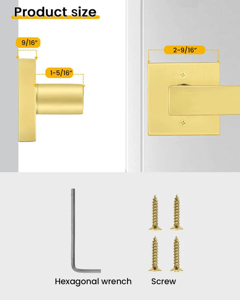 Brushed Gold Dummy Door Handle No Turn Lever For French Doors And Closets, Heavy Duty Ambidextrous Interior Push Pull Door Hardware, Non Functional Single Sided Latch Replacement, 1 Pack size diagram with screws and hex wrench