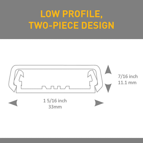 Diagram showing low profile two-piece design with dimensions of Wiremold Outlet Box And Raceway Combo White Surface Mount Electrical Box.