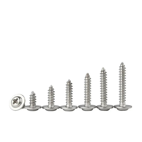 Snag This 304 Stainless Steel Self Tapping Screws Assorted Sizes With Integrated Washer Round Head Finish For Wood And Metal No Sweat Setup Built Tough For Daily Grind Heavy Duty 50 Piece Pack display of assorted screw sizes with integrated washers