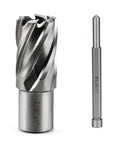 Annular cutter and Slugger drill bit set with Weldon shank; 7/8 in cutting diameter, metallic steel finish.