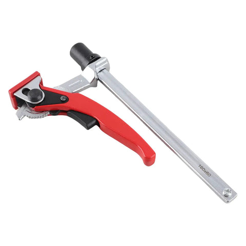 Heavy Duty Hold Down Clamp With Ratchet Mechanism For Bench Dogs And Woodworking, Pro Grade Workbench Clamp With Guide Rail And 20mm Base