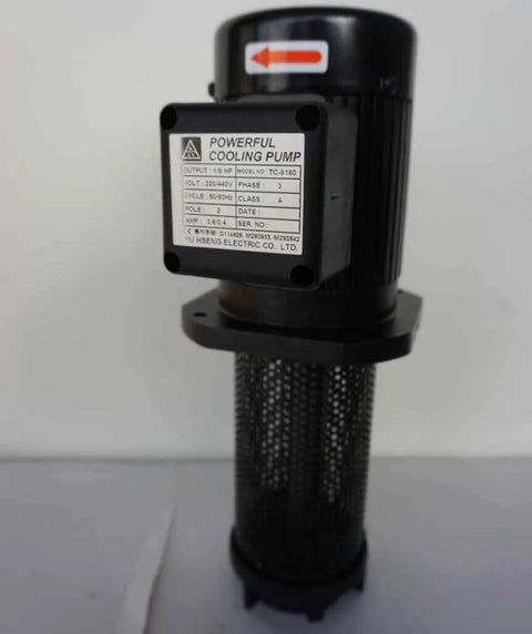 Front view of black immersion coolant pump for machine tools; perforated mesh housing, mounting flange, 180 mm immersion length.