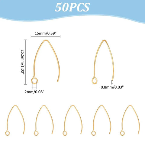 Golden V Shape Stainless Steel Earring Hooks, 50 Pcs Metal Ear Wires with dimensions for DIY Earrings Findings, 25.5x15x0.8mm