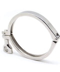 Front-angle view of stainless steel 4-inch tri-clamp with hinge and latch.