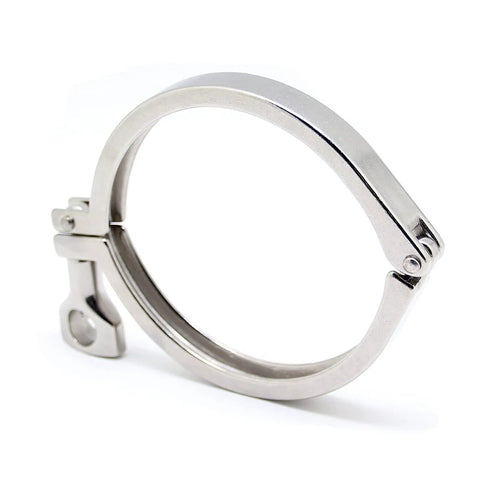 Front-angle view of stainless steel 4-inch tri-clamp with hinge and latch.