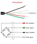 5kg Button Type Compression Load Cell Sensor With 2m Cable, Tiny But Mighty Miniature Strain Gauge Scale For Precise Weighing, IP66 Stainless Steel, Low Height 7mm, 13mm Diameter, Great For Compact Scales. Wiring diagram showing red, green, black and white leads