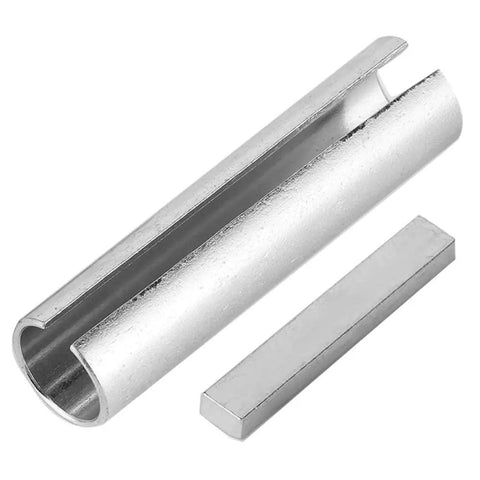 Five Eighth To Three Quarter Inch Engine Shaft Adapter Pulley Bore Reducer Sleeve With Key Heavy Duty Metal Bore Adapter For Gas Engine Crankshaft Using Three Sixteenth Inch Keyway Three Inch Length DIY Friendly Garage Tool in close-up view showing metal construction.
