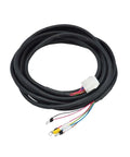 Servo motor power cable, front view, black jacket with white connector and multicolor exposed wires.