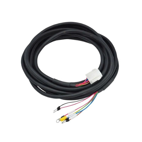 Front view: black coiled servo motor power cable with white connector and multicolor exposed wires.