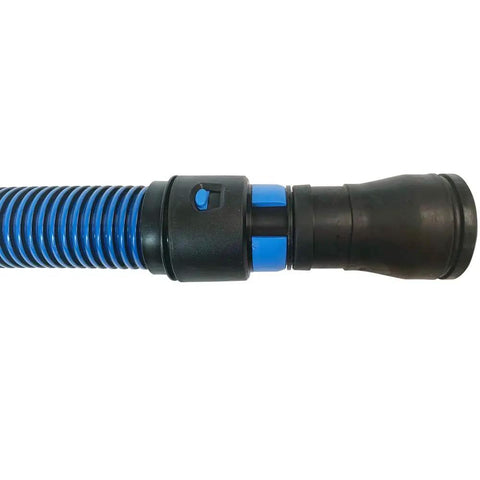 Close-up of 16 Foot Antistatic Wet And Dry Vacuum Hose With Universal Power Tool Adapter For Shop Vacs Blue Grounded Electrostatic Dissipative