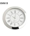 MINI Clock Insert Quartz Movement 55mm With Gold Or Silver Tone Bezel And Stainless Back, Roman numerals dial view