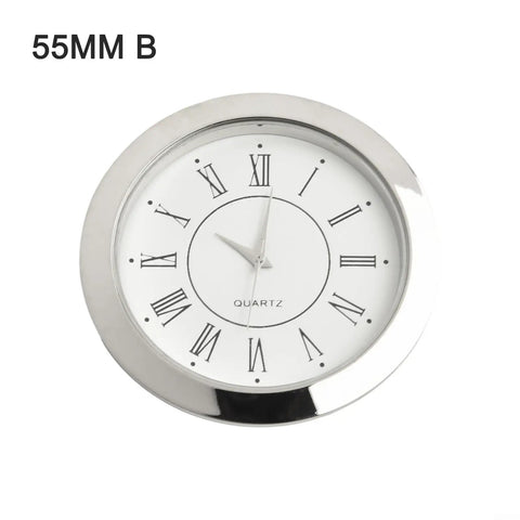 MINI Clock Insert Quartz Movement 55mm With Gold Or Silver Tone Bezel And Stainless Back, Roman numerals dial view