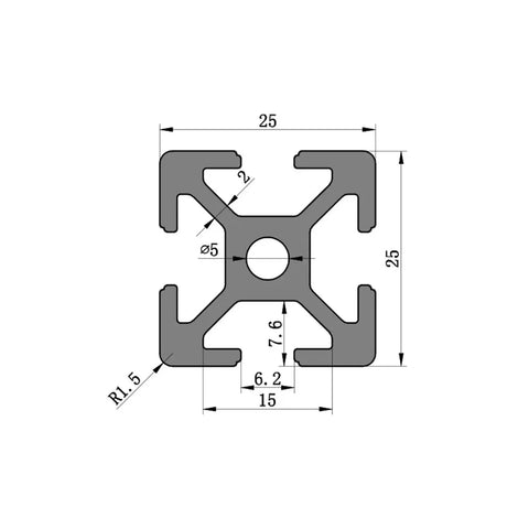 Workhorse 2525 Aluminum Extrusion Two Pack Anodized T Slot V Groove profile drawing with dimensions for CNC router use.