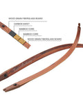 60 To 62 Inch ILF Recurve Bow Limbs Set With Fast Light Fiberglass Core And Wood Bamboo Build, 25 To 62 Lb Draw Weight Closeup