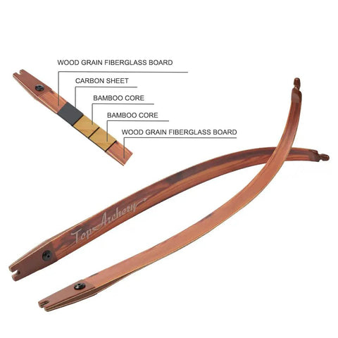60 To 62 Inch ILF Recurve Bow Limbs Set With Fast Light Fiberglass Core And Wood Bamboo Build, 25 To 62 Lb Draw Weight Closeup