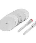 10Pcs Stainless Steel Drill Attachment Discs For Rotary Tools Metal Cutting Saw Blades Set For Drills displayed with mandrels