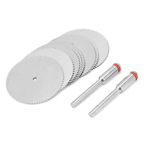 10Pcs Stainless Steel Drill Attachment Discs For Rotary Tools Metal Cutting Saw Blades Set For Drills displayed with mandrels