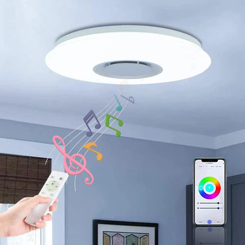 LED Starlight Ceiling Light With Bluetooth Speaker 36W Dimmable Color Changing Ambient Lamp in use with remote and app control
