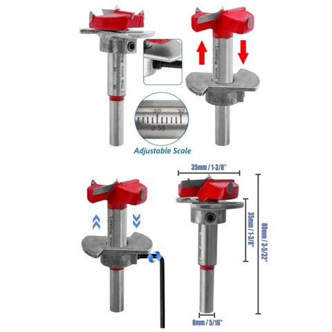 This Heavy Handed 35mm Concealed Door Hinge Drilling Jig Kit Delivers Laser Precision With Rugged Alloy Bits, features an adjustable scale.