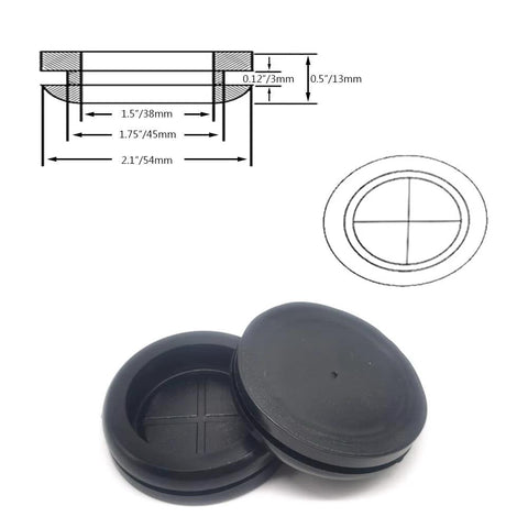 Illustration and photo of Six Pack Rubber Grommets For Wiring With 1-1/2 Inch Inner Diameter And 1-3/4 Inch Drill Hole Outer Diameter 2.1 Inches Flexible Durable Synthetic Firewall Grommets For Wiring Pass Through Centers Can Be Cut To Fit Your Wires
