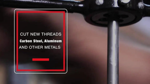 Illustration of 1-3/4-10 UNC Round Adjustable Die in use, cutting threads on a metal rod, highlighting its application on metals.